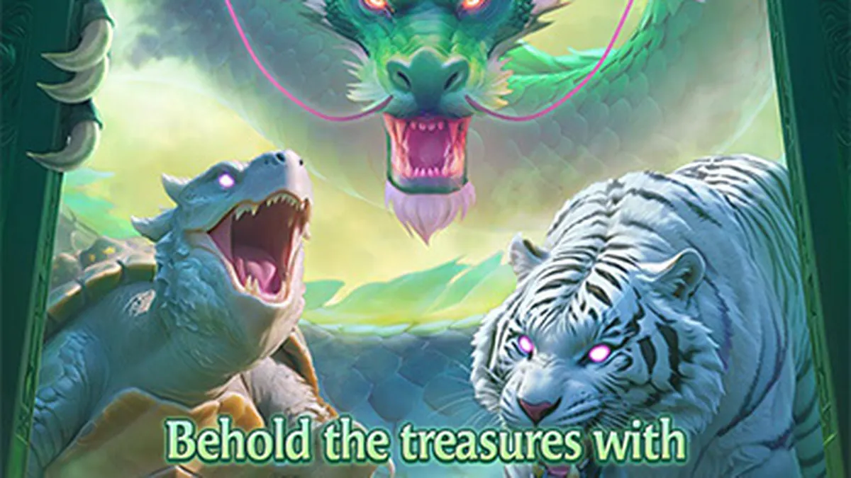 Tampilan visual slot Mythical Guardians dengan simbol naga dan harimau yang megah